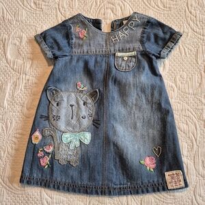 Next girls size 9-12 months denim appliqued dress, full back buttons, EUC
